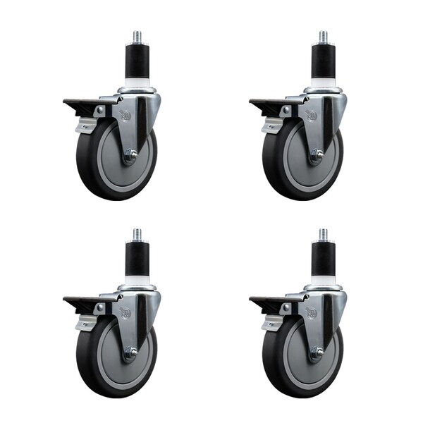 5'' Thermoplastic Rubber Swivel 1-1/2'' Expanding Stem Caster Set with Brake, 4PK